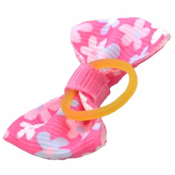 Håndlavet hundesløjfe i pink med blomster